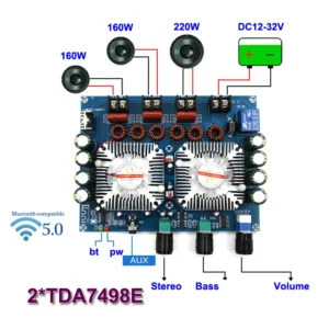 Amplifier Board Stereo 2.1 Channel TDA7498E 2x160W+220W AUX Bluetooth 5.0 Input