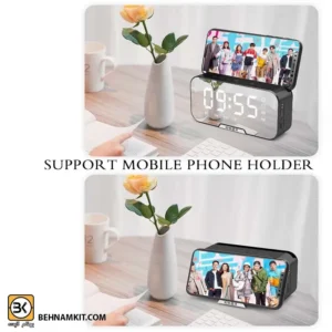 ساعت زنگدار + موزیک پلیر کارت + اسپیکر بلوتوث (بوم باکس) + رادیو FM و پایه نگه دارنده موبایل